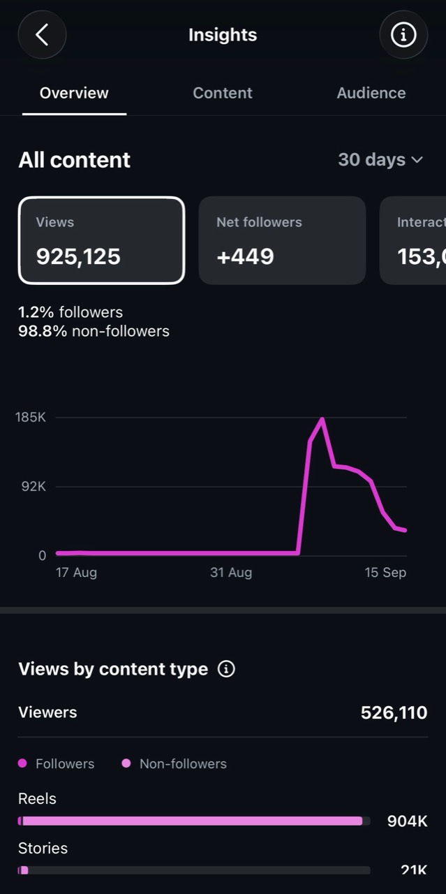 Instagram analytics showing 925,125 views over 30 days